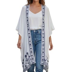 Knox Rose Embroidered Floral Kimono Cardigan Women’s M/L Boho Open Front Navy